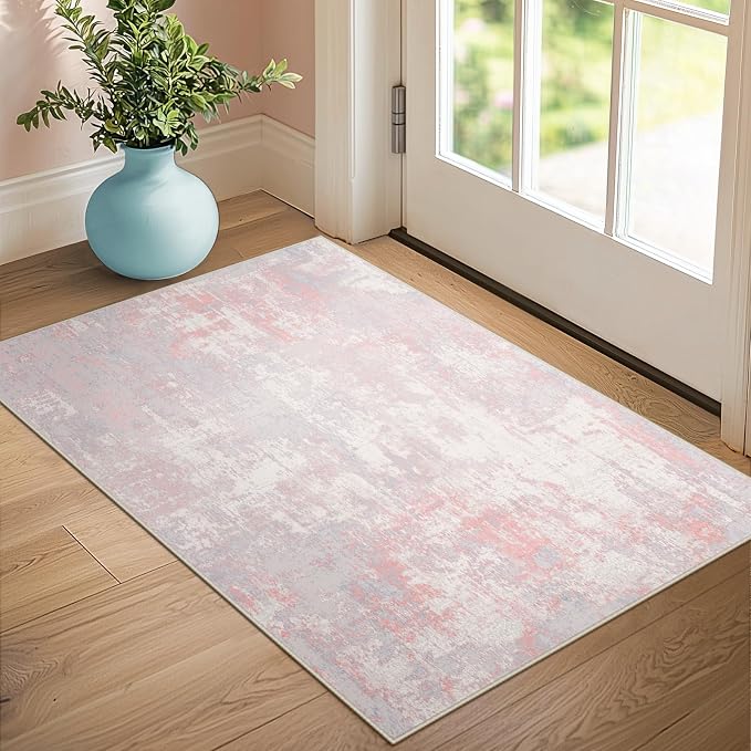 RELEANY Washable Area Rugs 3'x5' Non-Slip Modern Abstract Soft for Living Room Entryway Bedroom Kitchen, Print Pattern, Grey Pink