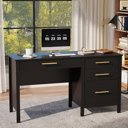 Black Executive Desk with Drawers: 54" Wood Computer Desk with File Drawer, Modern Home Office Desks with Storage, Fluted Writing Desks for Working, Studying (Black, 54")