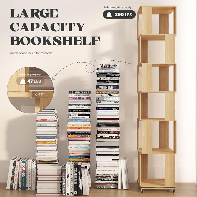 6 Tier Solid Wood Rotating Bookshelf Tower on Wheels, 360° Upgrade Spinning Book Shelf, Revolving Bookcase Organizer, Swivel Bookshelves for Small Spaces, Bedroom, Kids Room, Office (Light Wood)