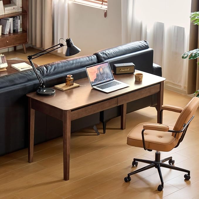Retro Solid Wood Computer Desk, Office Writing Desk with Storage Drawers for Home Office, Study, Bedroom 55.11" W