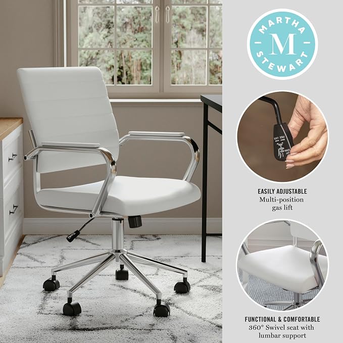 Martha Stewart Piper Swivel Task Chair with Armrests for Home Office in White Faux Leather with Polished Nickel Frame