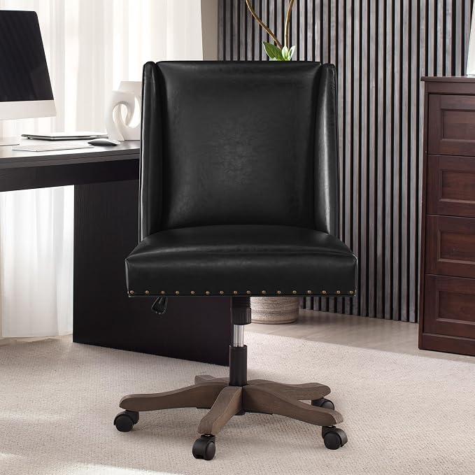Zihanhome Armless Home Office Chair with Wooden Legs, Modern Leather Upholstered Office Desk Chair No Arms Sewing Chair Adjustable Swivel Desk Chair for Farmhouse Office Study Studio (Black)