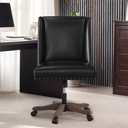 Zihanhome Armless Home Office Chair with Wooden Legs, Modern Leather Upholstered Office Desk Chair No Arms Sewing Chair Adjustable Swivel Desk Chair for Farmhouse Office Study Studio (Black)