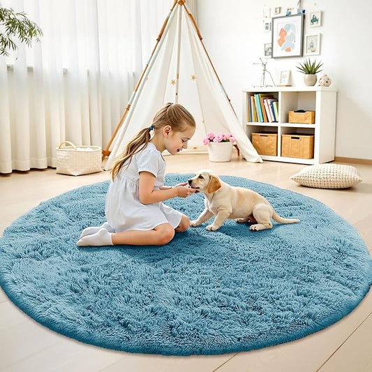 OLANLY Slate Blue Round Rugs for Bedroom - Machine Washable, 9 ft Circle Area Rugs for Living Room, Soft and Fluffy Shaggy Carpet for Teen Girl and Boys, Nursery Rooms, Dorms, Home Decor Aesthetic