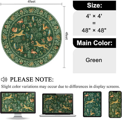 DUKINO 4ft Round Rug, Washable Round Area Rug, Non Slip Indoor Low Pile Animal Design, Soft Small Vintage Circle Carpet for Bedroom, Entryway, Living Room, Dining Room, Green