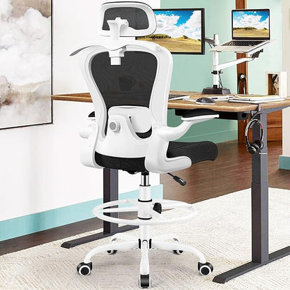 Drafting Chair, Tall Office Chair with 3D Lumbar & Head Support, Ergonomic Mesh Standing Desk Chair with Footring, Comfy Extended High Desk Chair with Flip-Up Arms & Hanger,White