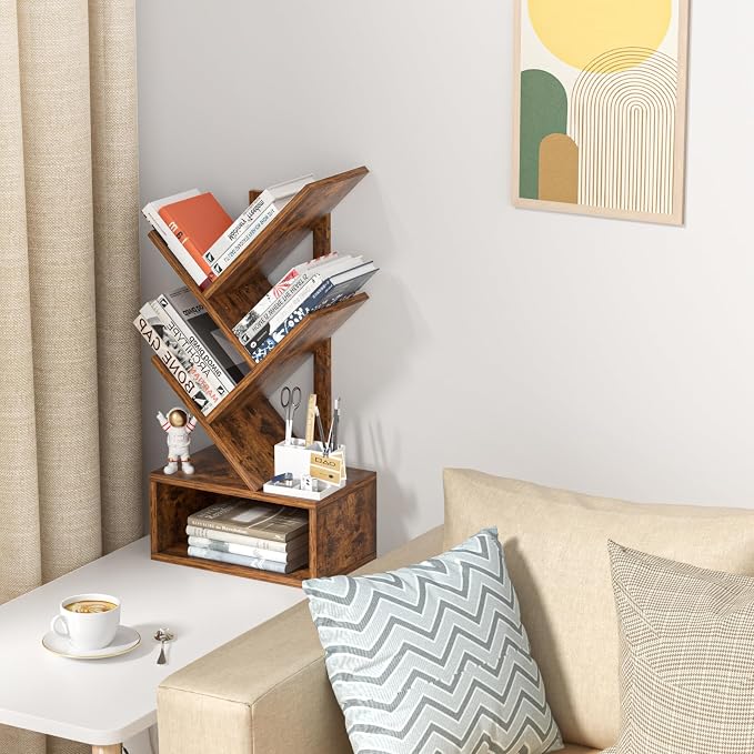 SHEEPAM Small Tree Book Shelf,5 Tier Black Tree Bookshelf,Brown Desktop Bookcase,Modern Desk Display Storage Bookshelves,Floor Standing Organizer Bookcases for Living Room,Bedroom,Office-White-Brown