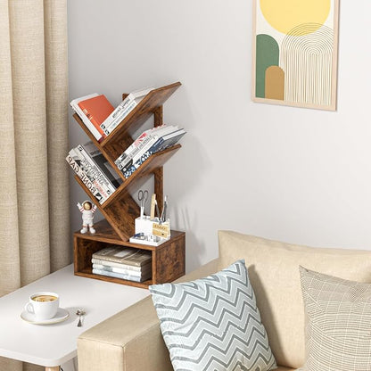 SHEEPAM Small Tree Book Shelf,5 Tier Black Tree Bookshelf,Brown Desktop Bookcase,Modern Desk Display Storage Bookshelves,Floor Standing Organizer Bookcases for Living Room,Bedroom,Office-White-Brown