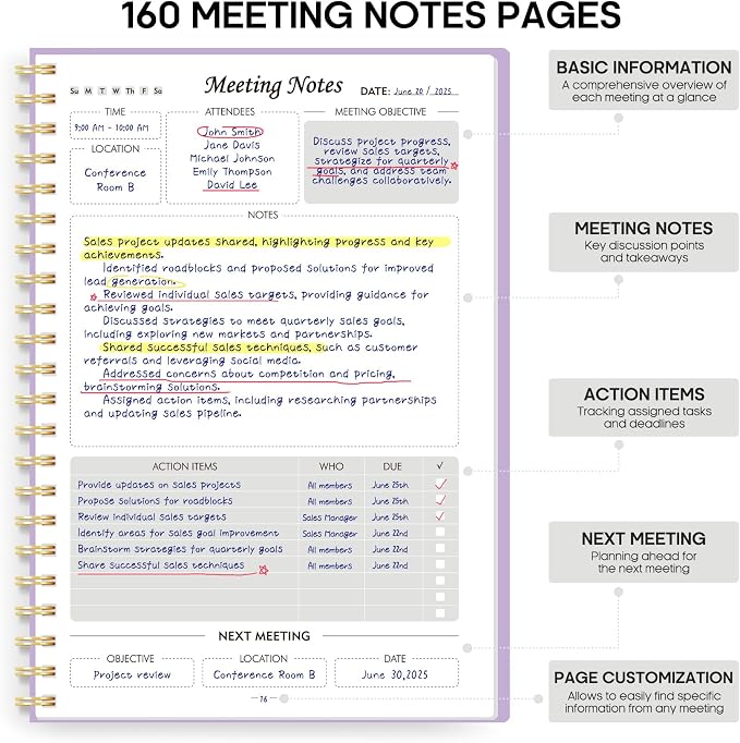 Meeting Notebook for Work Organization - Work Planner Notebook with Action Items, Agenda Planner for Note Taking, 160 Pages (6.9" X 9.9") Project Organizer for Men & Women - Lavender