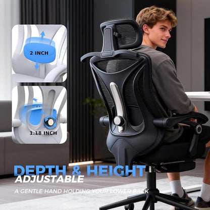 Ergonomic Office Chair - Adjustable Lumbar & Headrest, 90-160° Reclining with Footrest, Breathable Mesh Back - Home Office/Gaming Computer Chair
