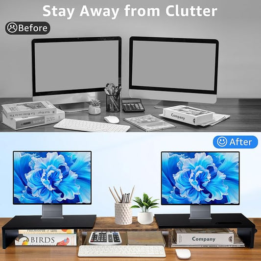La Jaco Dual Monitor Stand Riser for 2 Monitors, Monitor Stand for Desk, Adjustable Length Swivel Angle Wooden Desktop Organizer Stand Riser with Smartphone Holder for PC Monitor, Rustic Brown