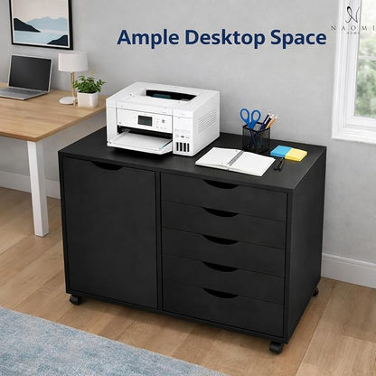 Naomi Home Under Desk Rolling Office File Cabinet with 5 Drawers & Side Storage Cabinet, Mobile Organizer with Shelves & Swivel Casters for Home Office - Black