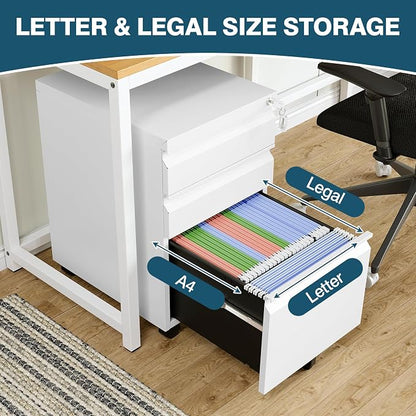 MIIIKO 3 Drawer File Cabinet on Wheels, Home Office Mobile File Drawers Under Desk, Full Assembled White Filing Cabinets with Lock for Legal/Letter/A4 File Folders