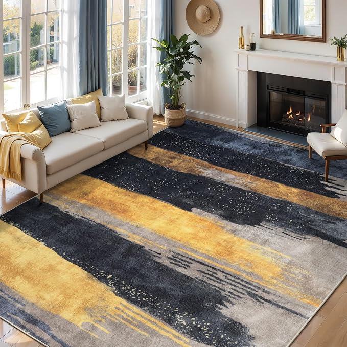 Ciicool Modern Abstract Black Gold Rug for Living Room, 6'x9' Machine Washable Area Rug Non-Slip Rug, Low-Pile Contemporary Indoor Dining Floor Carpet for Bedroom Office Under Table Home Decor