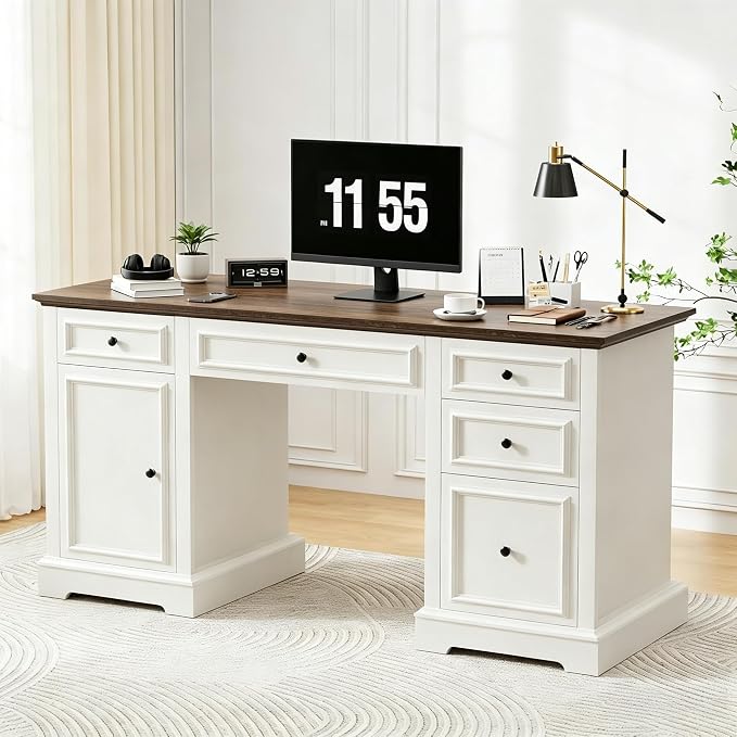 Vipbear 60" Farmhouse Executive Desk with Drawers and Cabinet, Embossed Texture Wood Home Office Desk, Rustic Computer Writing Desk, Workspace for Work Study Writing, White