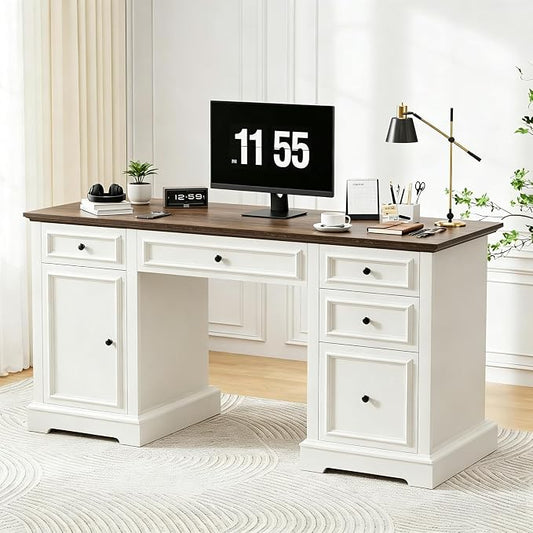 Vipbear 60" Farmhouse Executive Desk with Drawers and Cabinet, Embossed Texture Wood Home Office Desk, Rustic Computer Writing Desk, Workspace for Work Study Writing, White