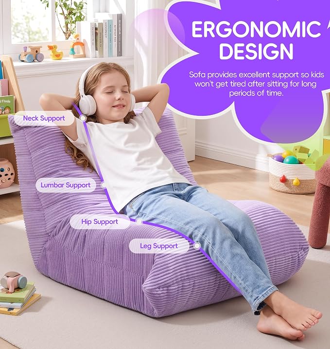 Hobestluk Small Bean Bag Chair Faux Fur Fabric BeanBag Couch for Playroom | Purple Corduroy,Ergonomic Design,Memory Foam,Strong Supportive,No Assembly Required,Decorative Style for Living Room Bedroom