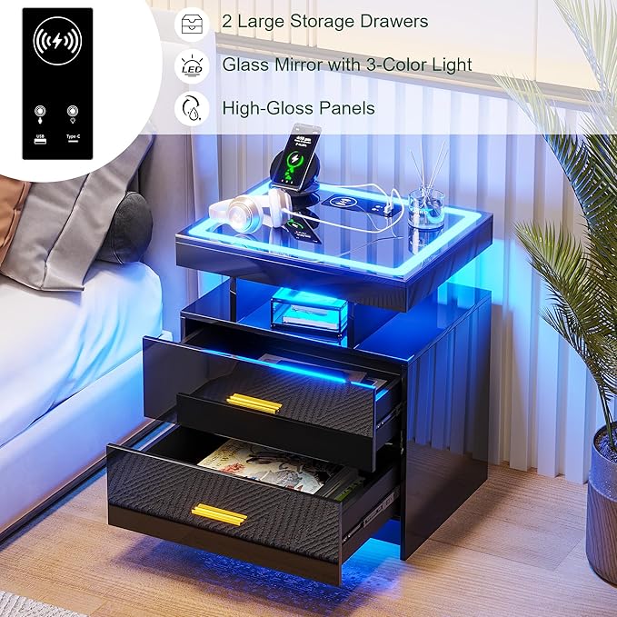 HNEBC Auto LED Nightstand Set of 2, Smart Night Stand with Charging Station & USB Ports, High Gloss Bedside Table has 2 Drawers,Modern End Side Table for Bedroom (Black)