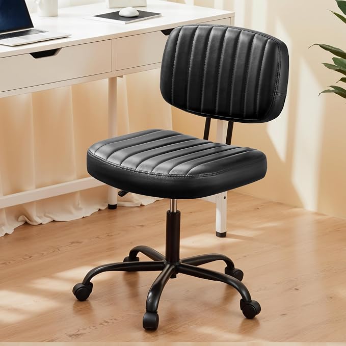 HealSmart Small Office Desk Chair with Wheels, Armless Desk Chair with Lumbar Support, PU Leather Low Back Adjustable Height 360° Rolling Swivel Task Chair Without Arm for Home, Bedroom,Office, Black