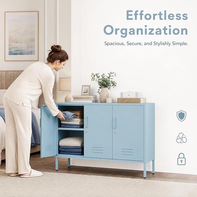 Blue Metal Storage Cabinet with Lock, 47.5" Wide Ventilated Door Locker, 2 Adjustable Shelves, Heavy Duty Home Accent Cabinet for Living Room Kitchen Office Study