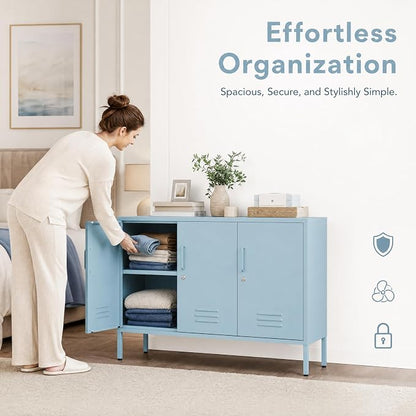 Blue Metal Storage Cabinet with Lock, 47.5" Wide Ventilated Door Locker, 2 Adjustable Shelves, Heavy Duty Home Accent Cabinet for Living Room Kitchen Office Study