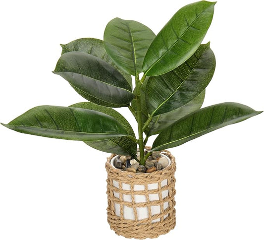 Briful Fake Plants Potted Plant Artificial Realistic Houseplant in White Ceramic Vase Wrapped Woven Pot, Fiddle Leaf Fig Faux Plant Indoor for Home Farmhouse Wedding Living Room Shelf Decor