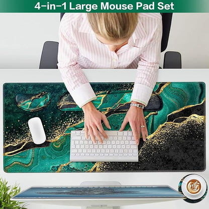 Mouse Pad Green, Desk Mat, Large Gaming Mouse Pad with Wrist Rest, 4in1 XXL Mousepad+Keyboard Wrist Rest+Mouse Pad Wrist Support+Cup Coaster Set Ergonomic Computer Desk Pad for Decor Office Women