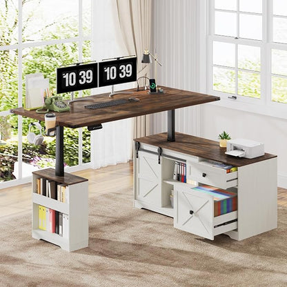 St.Mandyu 55" L Shaped Electric Standing Desk with File Drawer & Sliding Door, Height Adjustable Sit Stand Corner Computer Desk with Power Outlets, Drawers & Cup Holder for Home Office, White