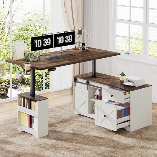 St.Mandyu 55" L Shaped Electric Standing Desk with File Drawer & Sliding Door, Height Adjustable Sit Stand Corner Computer Desk with Power Outlets, Drawers & Cup Holder for Home Office, White