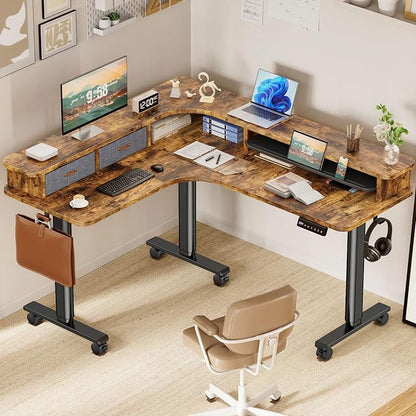 Flycity Electric L Shaped Standing Desk with Drawers, 63" x 55" Corner Standing Desk Adjustable Height, Stand Up Home Office Desk, Dual Motor Sit Stand Desk with 3 Memory Preset & Lock, Brown