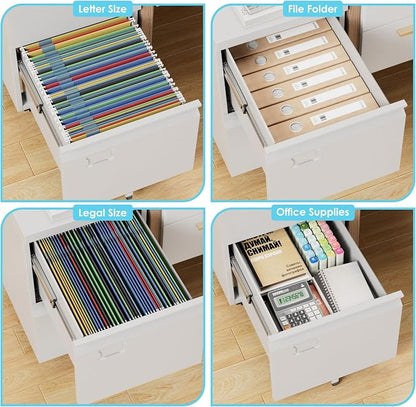 2 Drawer File Cabinet with Lock, Under Desk Metal Rolling Filing Cabinet for Letter/Legal Size Folder, Mobile File Cabinet with 5 Wheels (Anti-Tilt) for Home Office, Assembly Required, White