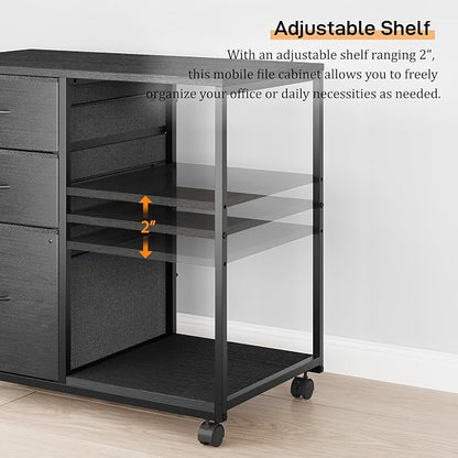 VINGLI 3 Drawer File Cabinet with Wheels Under Desk Printer Stand, Rolling File Cabinet with Shelves Adjustable, Mobile Lateral Filing Cabinet for Home Office, Fits Letter Size, Black