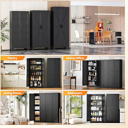 71" Tall Kitchen Pantry Storage Cabinet with 2 Doors and 5 Adjustable Shelve, Metal Black Food Pantry Cabinet, Kitchen Cabinet Storage Unit,6 Tier Freestanding Cupboard for Kitchen Dining/Living Room