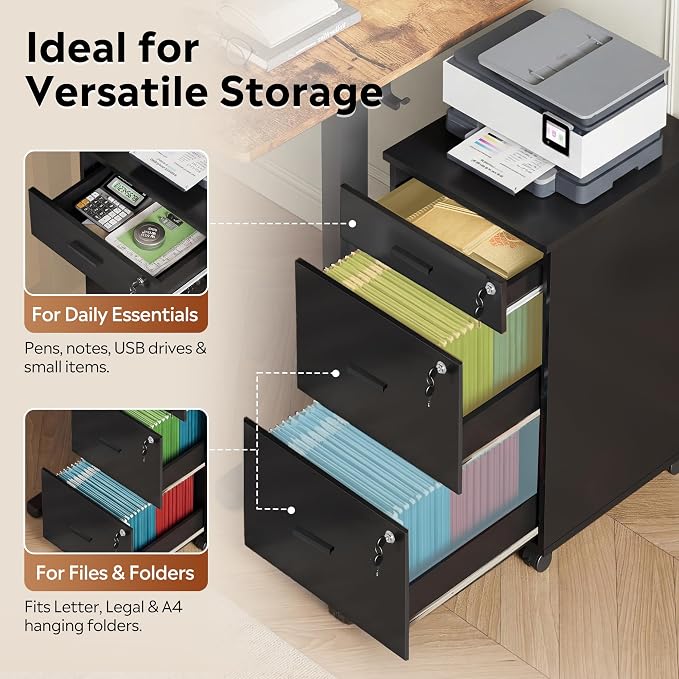 DEVAISE 3 Drawer Mobile File Cabinet with Lock & Wheels, Wood Printer Stand, Filing Cabinets for Home Office, Fits Letter/A4 Size, Black