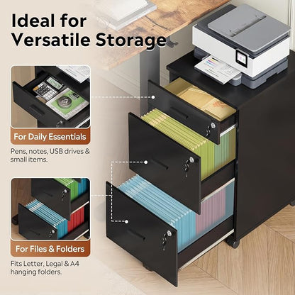 DEVAISE 3 Drawer Mobile File Cabinet with Lock & Wheels, Wood Printer Stand, Filing Cabinets for Home Office, Fits Letter/A4 Size, Black