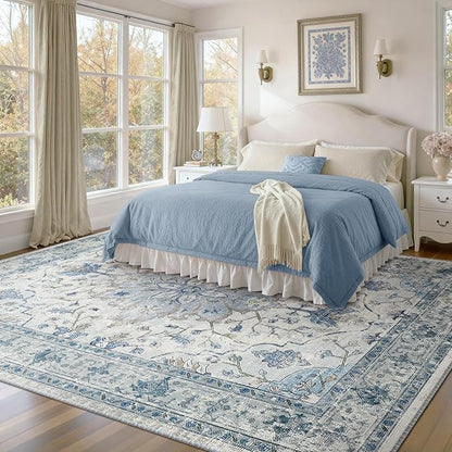 RELEANY Area Rugs Large 10'x12' Washable Non-Slip, Floral Vintage Distress Medallion Carpet for Living Room Bedroom Dining Room, Light Blue Navy Gray White
