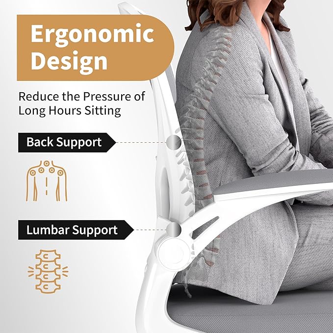 Youhauchair Office Chair, Ergonomic Home Office Desk Chairs with Flip-up Arms and Lumbar Support, Height Adjustable, Grey