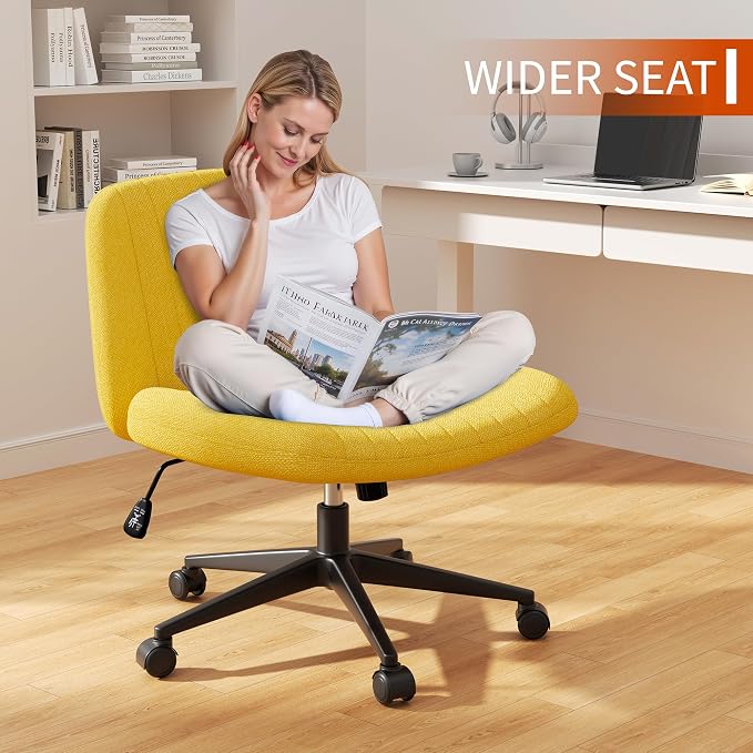Criss Cross Chair with Wheels, Cross Legged Office Chair, Armless Office Chairs Adjustable Height Swivel Tilting Fabric Vanity Chairs for Home Bedroom (Yellow)