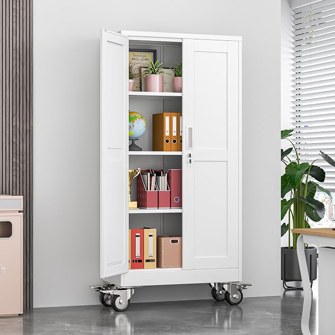 Metal Garage Storage Cabinets and storage system, 61”Tall Rolling utility cabinet with Wheels, Lock, 3 Adjustable Shelves, Heavy Duty Steel Tool Locker for Home Office, Utility Room, Gym,White