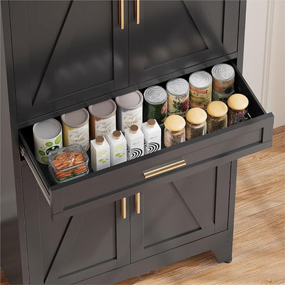 COFaR 71'' Tall Metal Pantry Cabinet with Drawer, Kitchen Storage Cabinet with 4 Doors and Shelves, Freestanding Farmhouse Food Cupboard for Kitchen Dinning Room Garage, Black 6-Tier