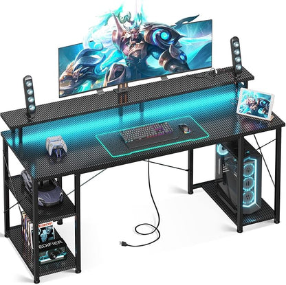 ODK 63 inch Computer Desk with Power Outlets & LED Lights, Gaming Desk with Monitor Stand & Storage Sheves, Home Office Desk, Carbon Fiber Black