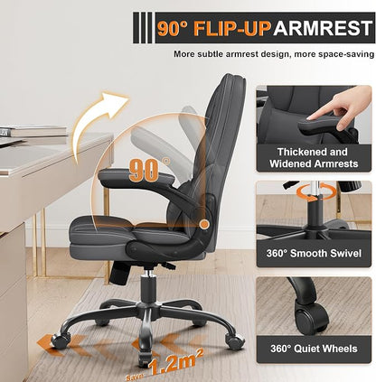 Ergonomic Office Chair with Flip-Up Armrests, Mid Back Executive PU Leather Desk Chair, Height Adjustable with Lumbar Support, Rocking & Swivel Computer Chair for Home Office
