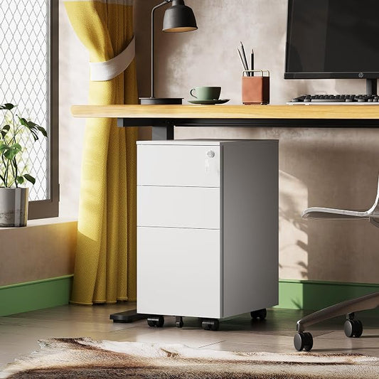 DEVAISE 3 Drawer Vertical File Cabinet with Lock, Under Desk Mobile Metal Filing Cabinet for Home Office Fit Legal/Letter/A4 File, Fully Assembled Except Wheels, White