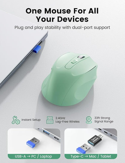 Green Wireless Mouse for Laptop, 2.4GHz Computer Mouse with USB-A Port &USB-C Adapter, Office Cordless Mice with 6 Buttons & 3 Level DPI for Small to Medium Hands, Work with PC, Desktop, Tablet - M21