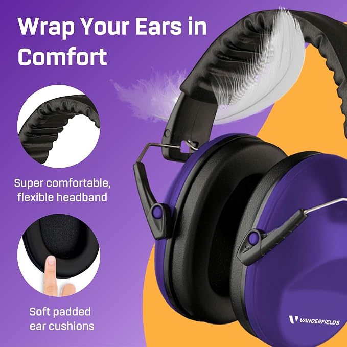 Vanderfields - Hearing Protection Ear Muffs - Over 31 dB (2K Hz) Broad Noise Cancelling Sound Reduction - Adults & Teens