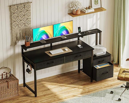 AODK Computer Desk with 4 Drawers, 55 Inch Office Desk with Printer Shelf & Built-in Power Outlet, Work Desk with Monitor Shelf for Home Small Spaces, Black