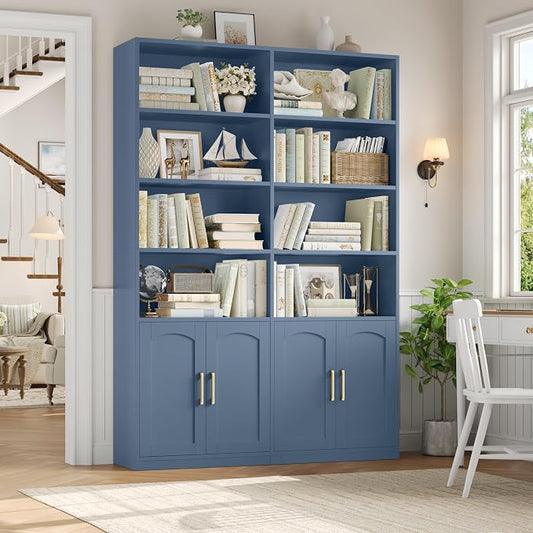 FACBOTALL Bookshelf and Bookcase with Doors, 6 Tier Double Wide Large Bookshelves, Open Display Shelves, 73'' Tall Bookshelf with Storage Cabinets for Home Office, Living Room, Library, Blue