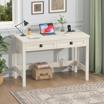 YOMILUVE Farmhouse Computer Desk with 2 Drawers, 39 Inch Small Office Computer Desk with Power Outlets, Compact Writing Study Vanity Desk for Small Spaces, White