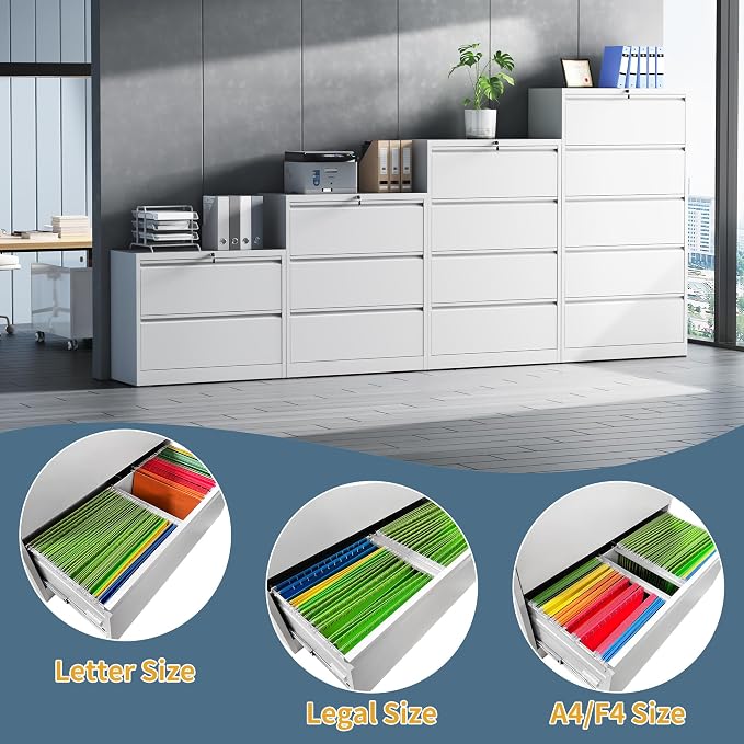 5 Drawer File Cabinet with Lock, Lateral Filing Cabinets,Metal Storage Filing Cabinets for Home Office, Heavy Duty File Cabinet for Letter/Legal/A4/F4 Size Amsseble Required, White