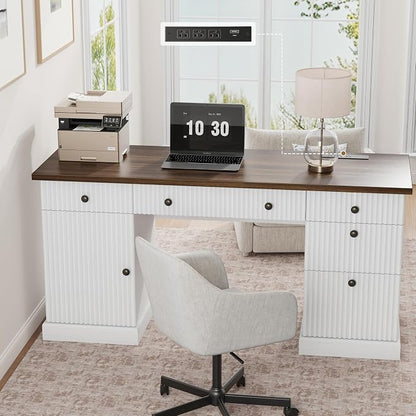 Garvee 60" Office Desk with Storage & Drawers, Fluted Wood Executive Desk with File Drawer & Charging Station, Modern Computer Desk with Adjustable Shelves for Home Office, White